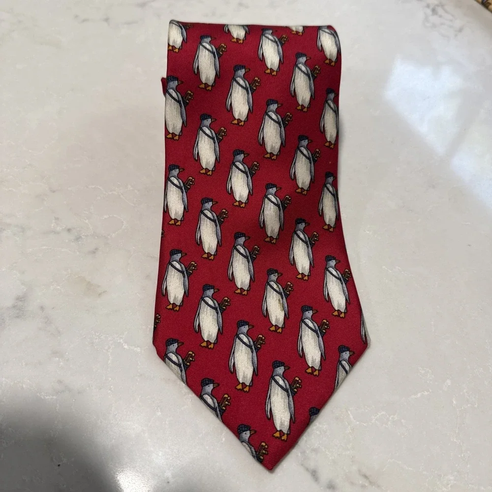 Vintage Brooks Brothers Men's Pure Silk Necktie USA Made Penguin Golfer 58X3.75